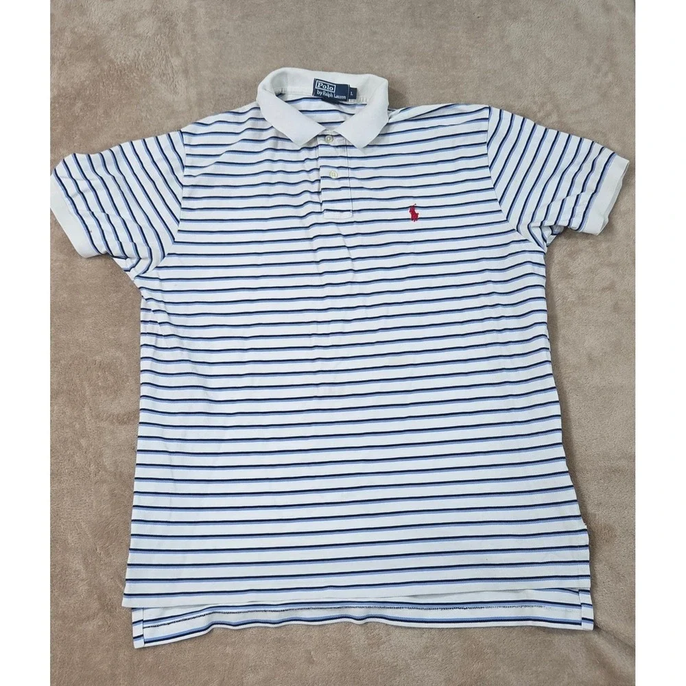 Vintage Polo Ralph Lauren Polo Shirt Mens size L white/Blue striped Cotton S/S